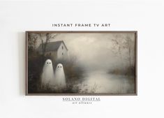 an image of two ghost in front of a house on the water with text instant frame tv art