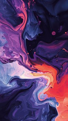 an abstract painting with purple, orange and blue colors on it's surface is featured in this image