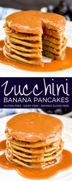 a stack of pancakes covered in caramel sauce on a white plate with the words yummy banana pancakes