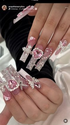 Bling Butterfly Nails, Xxl Hello Kitty Nails, Pink Blinged Out Nails, Pink Disney Nails, Latin Nails, Kitty Nails, Spring Acrylic Nails, Punk Nails