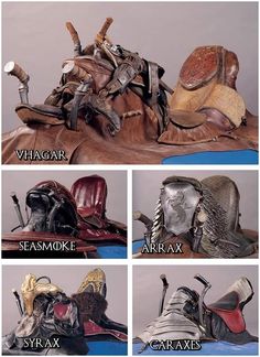 four pictures of different types of leather hats and gloves on top of each other,