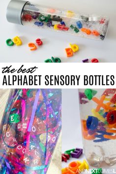 the alphabet sensory bottles are filled with different colored letters and numbers, along with an empty tube