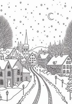 a black and white drawing of a snowy town with houses, trees, and train tracks