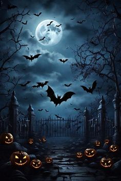 an image of halloween scene with pumpkins and bats