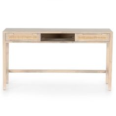 a wooden desk with two drawers on one side and an open drawer on the other