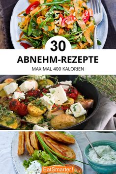 an assortment of different types of salads on plates with text overlay that reads 30 abnehm - rezepte maximum 480 kalarolen