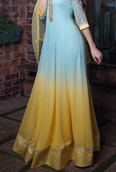 Blue And Yellow Embroidered Anarkali Suit - Desi Royale Bridal Anarkali, Blue And Yellow Dress, Yellow Color Combinations, Combination Dresses, Designer Anarkali Dresses, Georgette Anarkali, Designer Anarkali Suits, Traditional Attires, Indian Bridal Lehenga