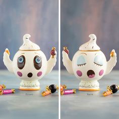 two pictures of teapots with eyes and noses, one has candy in it