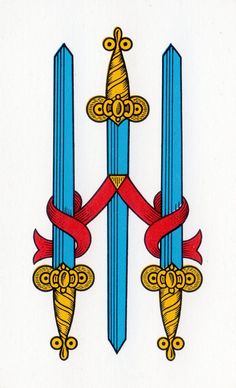 two blue and gold swords with red ribbons on the sides, one is holding an orange ribbon