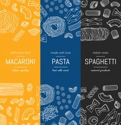 three different types of pasta with the words macaroni, pasta and spaghetti on them