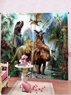 dinosaurs in the jungle with mountains and trees behind them curtain room divider set