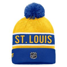 Keep your head cozy and be ready for the next St. Louis Blues puck drop by grabbing this Authentic Pro Rink cuffed knit hat with pom from Fanatics Branded. It features a bold team wordmark and applique embroidered on the cuff for a double dose of devotion to your favorites. Plus, the pom on top is great when you want a jovial take on your team fandom. Material: 100% Acrylic Officially licensed Pom on top Imported Pom on top Stretch fit One size fits most Embroidered fabric applique Hand wash, dr Royal Yellow, Knit Hat For Men, Military Appreciation, Buffalo Sabres, St Louis Blues, Team Blue, Hand Applique, Pittsburgh Penguins, Blue Hat