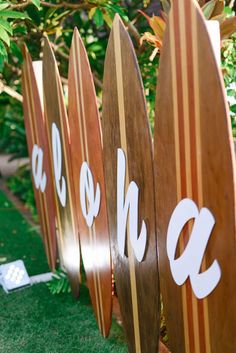 three wooden surfboards are lined up on the grass in front of some bushes and trees