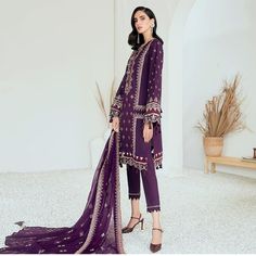 3 Piece Ready To Wear Embroidered Suit Brand New Suit. Material Cotton Chiffon It Has Embroidered Doppta And Trouser With It Designer Embroidered Purple Lawn Suit, Elegant Purple Georgette Embroidered Fabric, Elegant Purple Embroidered Georgette Fabric, Purple Long Sleeve Lawn Suit With Dupatta, Purple Semi-stitched Lawn Suit With Intricate Embroidery, Semi-stitched Purple Lawn Suit With Intricate Embroidery, Elegant Purple Salwar Kameez With Floral Embroidery, Purple Unstitched Suit With Intricate Embroidery, Purple Georgette Unstitched Suit With Intricate Embroidery