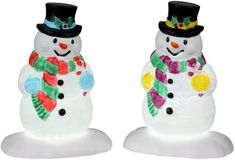 two snowmen with hats and scarves on their heads