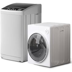 a washing machine and dryer sitting next to each other in front of a white background