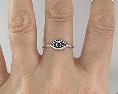 Sterling Silver Evil Eye Ring Womens Evil Eye Silver Jewelry - Etsy Silver Symbolic Midi Rings, Spiritual Nickel-free Silver Stackable Rings, Symbolic Silver Hypoallergenic Rings, Silver Symbolic Stackable Rings, Symbolic Silver Stackable Rings, Symbolic Silver Sterling Midi Rings, Silver Symbolic Midi Rings In Sterling Silver, Symbolic Silver Midi Rings In Sterling Silver, Index Ring