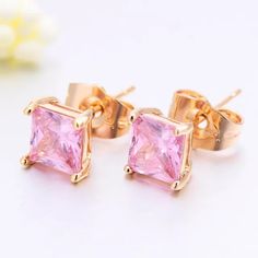 Square Cut Pink Swarovski Crystal And 18k Gold Filled Earrings. Gem Is 6mm In Size. Please See Photo #4 For Manufacturer's Information On Gold Filled Vs. Gold Plating. Happy Shopping! Pink Gold Cubic Zirconia Earrings Gift, Teardrop Earrings Gold, Pearl Earrings Wedding, Pink Swarovski, 18k Gold Earrings, Druzy Earrings, Gold Filled Earrings, Antique Earrings, Square Cut