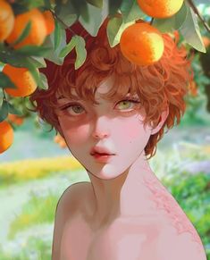 a digital painting of a girl with oranges on her head and chest, under an orange tree