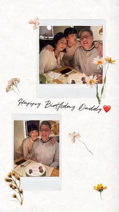 two pictures of an older man and woman with flowers in front of them, one has a birthday cake on the table