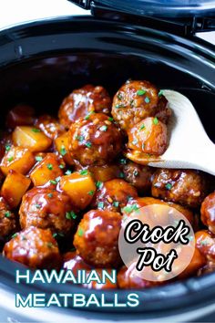 the crock pot hawaiian meatballs recipe is ready to be served in the slow cooker