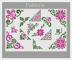 a cross stitch pattern with pink and green flowers