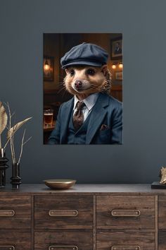 a raccoon wearing a suit and tie with a hat on it's head