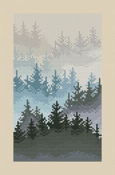 a cross stitch pattern with trees and clouds in the background