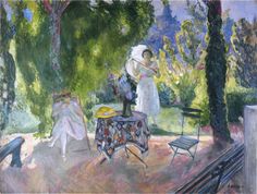 a painting of two women sitting at a table in the park with one woman standing