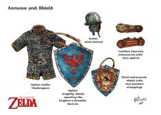 the legend of zelda's armor and shield are depicted in this image, including two