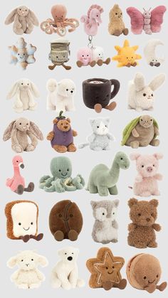 many different stuffed animals sitting next to each other