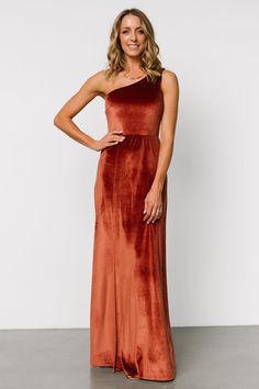 Tatiana Velvet One Shoulder Maxi Dress | Cinnamon - Baltic Born Cinnamon Color, Burnt Orange Dress, Red Bridesmaid Dresses