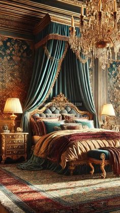 an ornate bedroom with blue drapes and gold bedding, chandelier and rugs