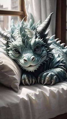 a large green dragon statue laying on top of a white bed next to a window