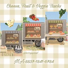 an advertisement for cheese, fruit and veggies trucks with pictures of the truck