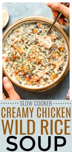 the creamy chicken wild rice soup is ready to be eaten