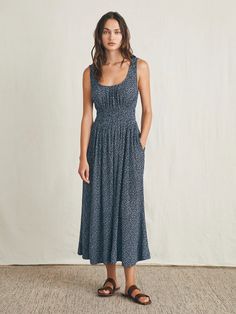 Sunseeker Midi Dress - Navy Riverton Ditsy | Faherty Brand Flowy Smocked Midi Dress, Summer Midi Dress With Smocked Bodice For Date Night, Chic Maxi Dress With Smocked Back And Flowy Skirt, Sundress Midi Dress With Smocked Back For Date Night, Elegant Flowy Dress With Elastic Waistband, Rayon Midi Dress With Smocked Back, Rayon Maxi Dress With Smocked Bodice, Flowy Midi Dress With Smocked Bodice, Midi Dress With Smocked Back For Date Night