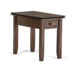 a small wooden table with two drawers on one side and an open drawer on the other