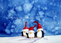 three penguins wearing santa hats in the snow