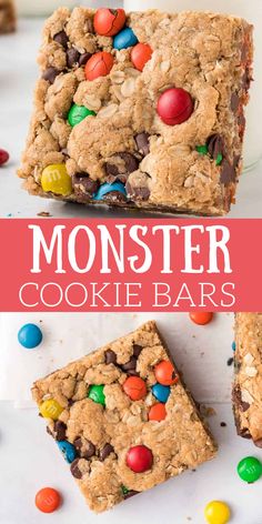 monster cookie bars with m & m candy on top and the words monster cookie bars above it