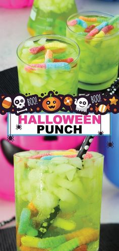 halloween punch in glasses with candy on the rim