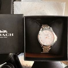 New With Tags, Coach Women’s Watch With Black/Grey Coach Band. Originally $195, Never Worn And Still In Box. Timeless Gray Watch For Formal Occasions, Elegant Silver Coach Watch, Luxury Silver Coach Watch, Coach Watch, Brown Jewelry, Coach New York, Accessories Brand, Coach Accessories, Apple Watch Strap