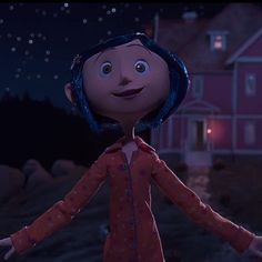 an animated character standing in front of a house at night