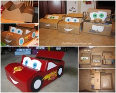 the cardboard cars are made to look like they have eyes