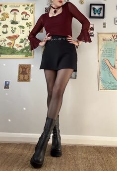 Feminine Grunge Outfits Summer, Fiona Apple Aesthetic Outfits, Dark Christmas Outfit, Red Whimsigoth Outfit, Alt Going Out Outfits, The Craft Aesthetic Outfits, Dark Romantic Outfit, Vampy Outfit, Ruffle Mini Skirt Outfit