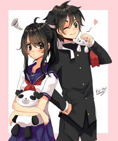 two anime characters are standing next to each other and one is holding a panda bear