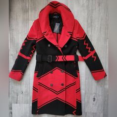 Polo Ralph Lauren Carlyn Southwest Jacquard Wool Coat In Red And Black. Size 2 Women’s Fitted Black Jacquard Knit Outerwear, Fitted Jacquard Knit Outerwear For Work, Red Jacquard Knit Long Sleeve Outerwear, Fitted Jacquard Knit Outerwear For Winter, Coat Design, Size 2, Wool Coat, Polo Ralph Lauren, Ralph Lauren