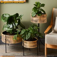 three potted plants sitting on top of each other in wicker planters next to a chair