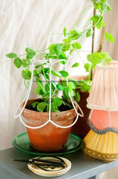 two potted plants sitting on top of a wooden table next to a lamp shade