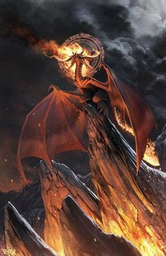 a red dragon flying over a mountain covered in fire